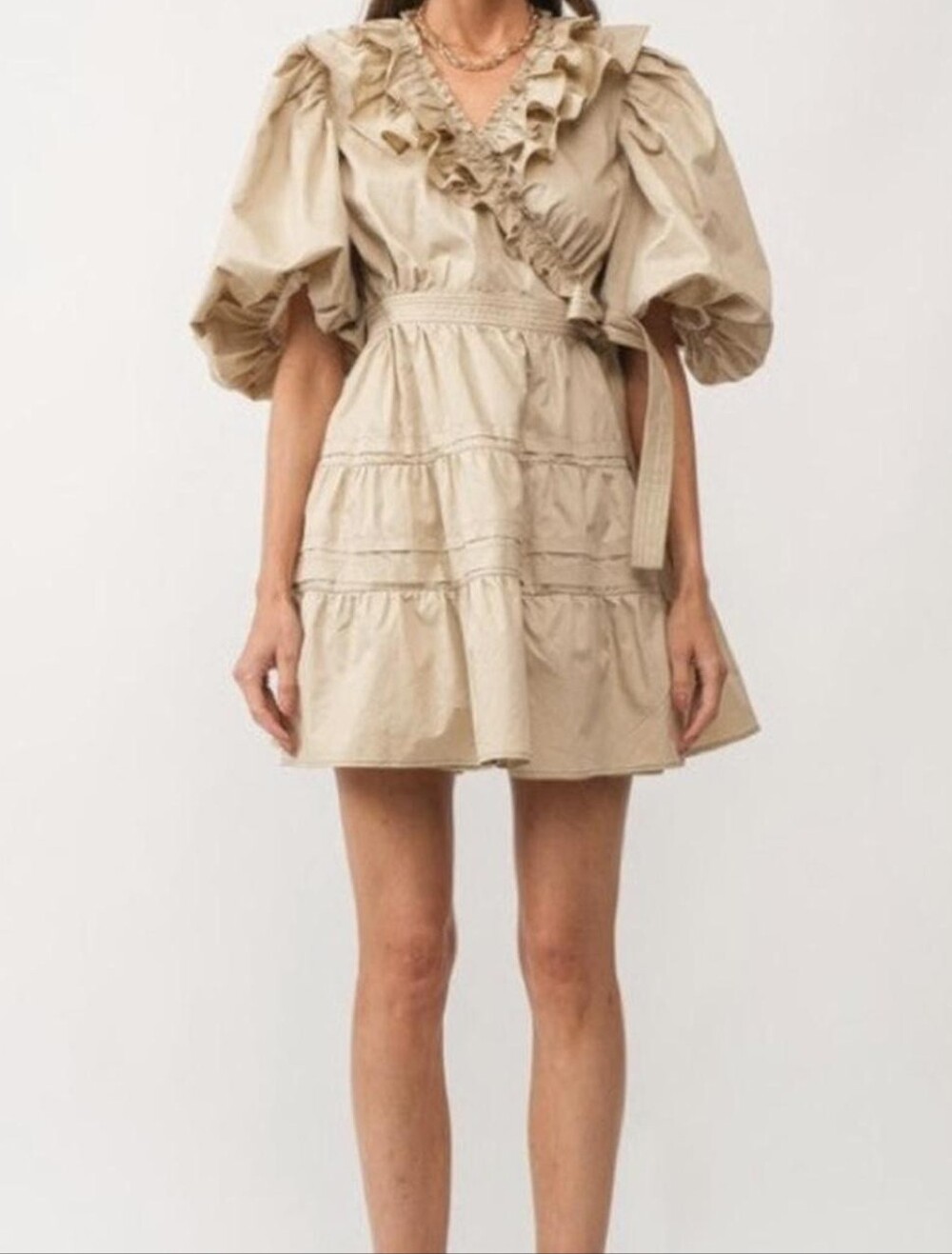 En Saison Lorena Wrap Mini Dress Medium Puff Sleeve Ruffle Cottagecore Cotton T